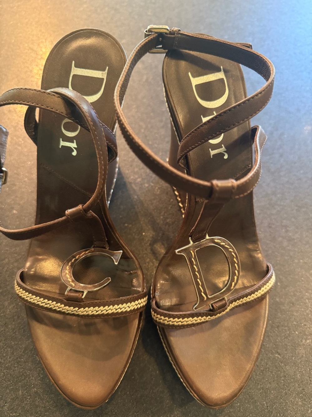Dior Brown Leather ' C & D' Logo Strappy Heels with Gold Trim
